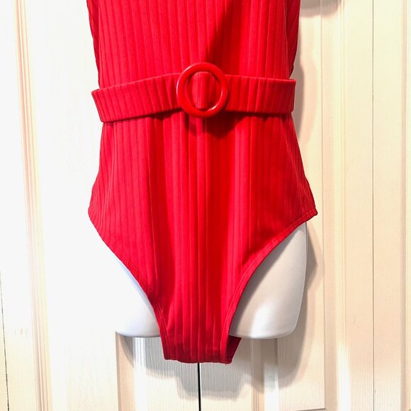 Shade & Shore Women's One Piece Red Ribbed Belted Front Swimsuit-X Large-Adjust - Picture 4 of 14